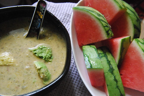 Potato broccoli soup with mint and avocado, watermelon