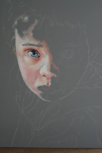 In progress photo of colored pencil portrait entitled Matthew