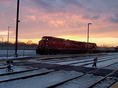 Eastbound Canadian Pacific intermodal train in a winter sunset environment. Chicago Illinois. December 2006.