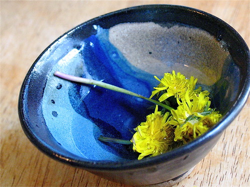 blue bowl with yellow flowers