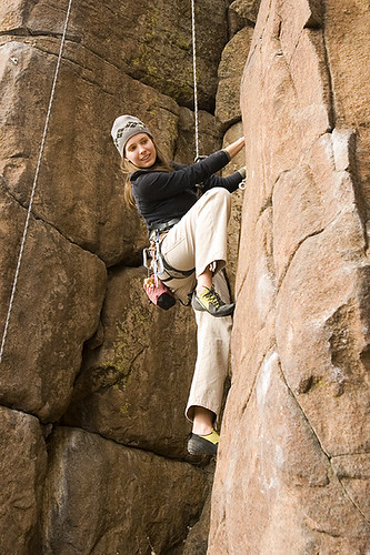 Liz climbing on North Table Mtn