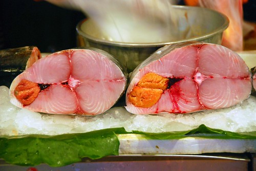 fish with roe for sale at the local market, taipei
