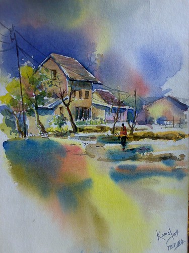 watercolor painting landscape. Nepal watercolor landscape