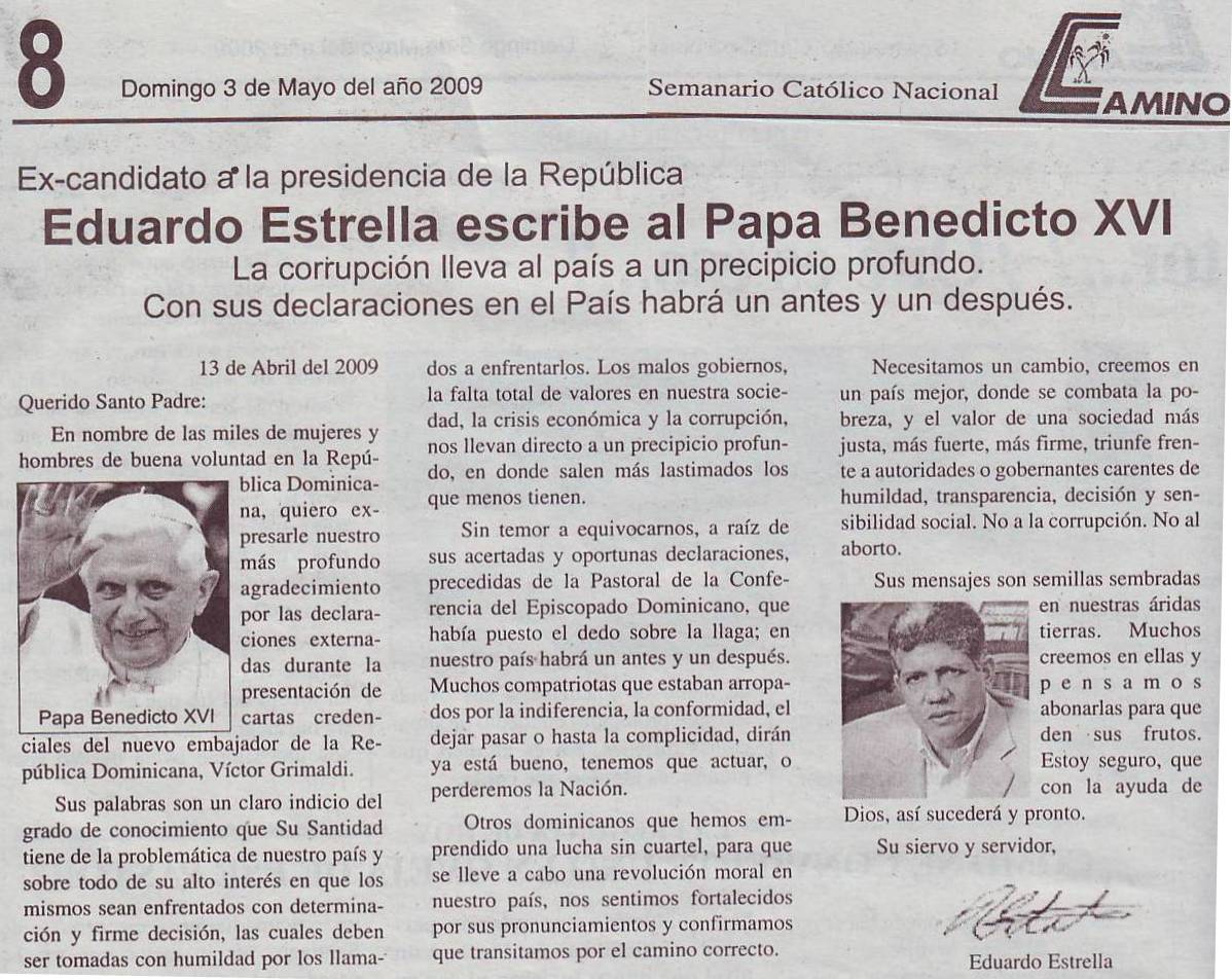Semanario Camino: Eduardo Estrella escribe al Papa Benedicto XVI