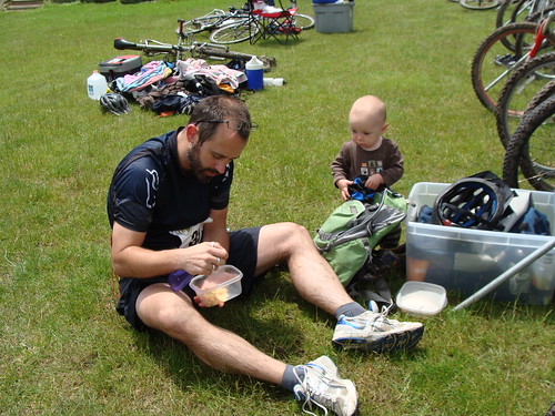 Silas helping Eric get ready for the run