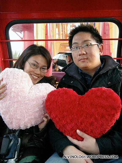 Cheesy heart-shaped cushions found in the ferris wheel cabin