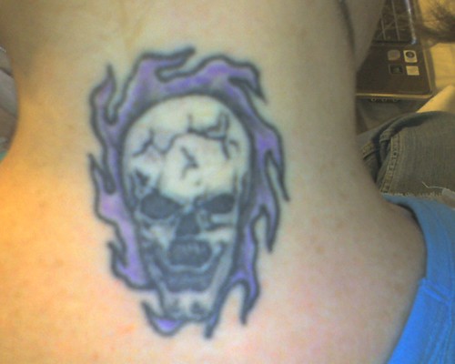 022008 Jennes Tattoo Back of Neck Skull with Purple Flames