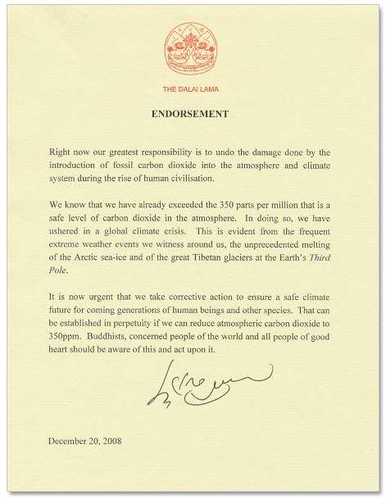 Dalai Lama's 350 Endorsement Letter