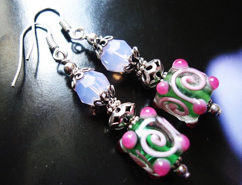 #GBER147 = HIP TO BE SQUARE SGD$30 Lampwork Glass Earrings =  Austin Hamilton Lampwork Beads with Swarovski Crystal in Rose Opal Color and 925 Sterling Silver Findings. Measures about 5-6cms including hooks.  
