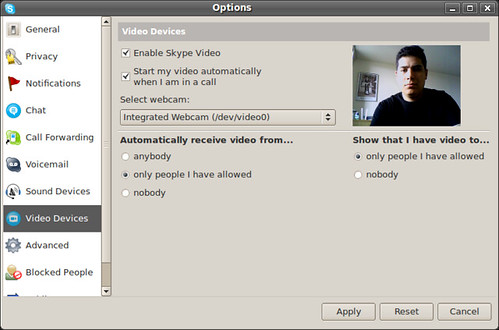 Skype video settings