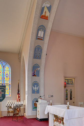 Saint Norbert Roman Catholic Church, in Hardin, Illinois, USA - altar of sacrifice and sanctuary arch