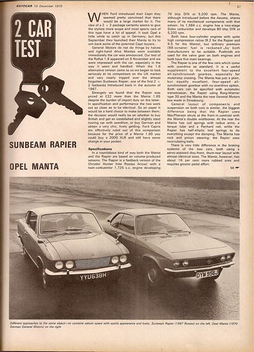 Sunbeam Rapier Vs Opel Manta 1600 Road Test 1970 1 