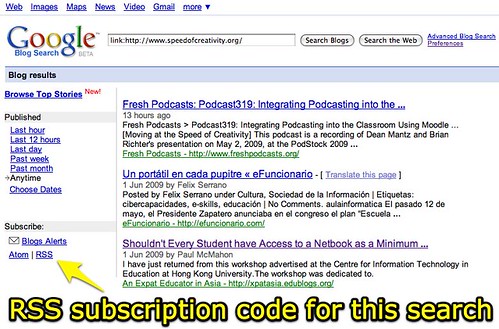 RSS subscription code for a Google Blog Search