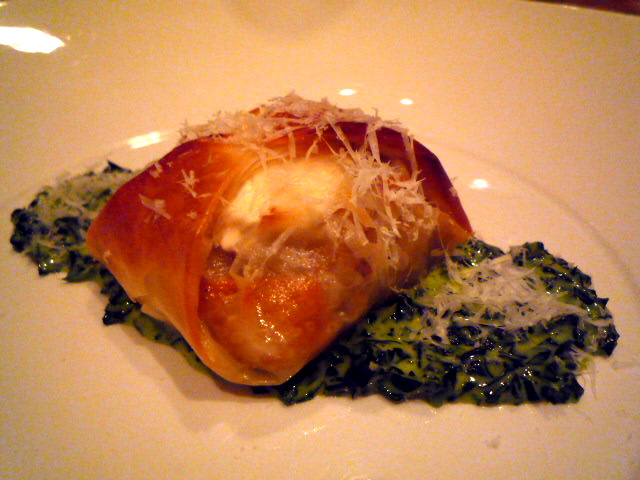 Filo parcel with pumpkin, porcini and Meredith goats cheese risotto, on creamed spinach