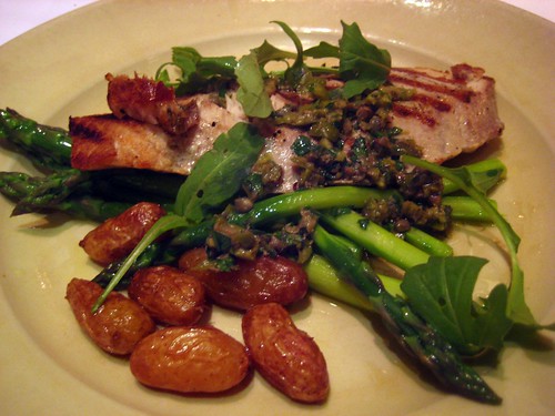 yellowtail jack, asparagus, fingerling potatoes, green olive sauce at chez panisse cafe.