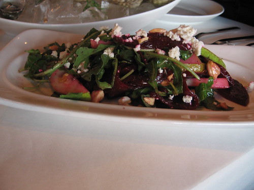Beets, pears, greens, feta and almonds salad