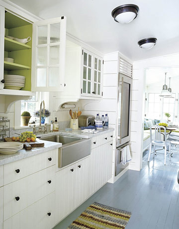 Painted kitchen floors: Pratt & Lambert gray + white cabinets + green interiors