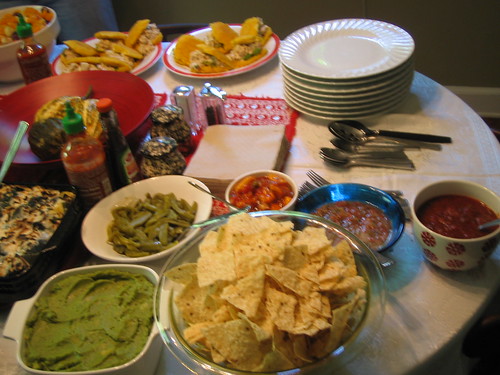 3 salsas, chips, guacamole, nopales (cactus)