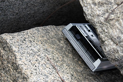 A tape player embedded in a rock