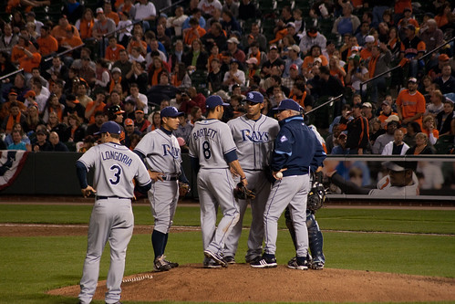 Infield meeting to slow down the Os. Longoria doesnt pay much attention, but Aki, Bartlett, Navarro, and Peña do.