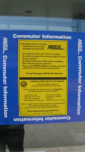 Metra commuter information notice. Mont Clare depot/ Chicago Illinois. June 2009.