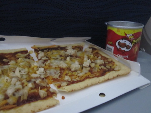 BBQ chicken pizza, chips, on the plane - $7