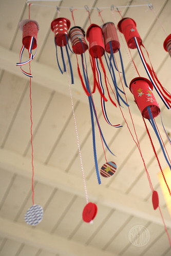 Fourth of July Confetti Popper Rockets hanging from the ceiling 