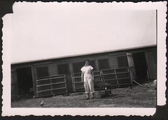Helga Rome in front of family chicken coop