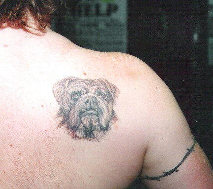 bulldog tattoo from late 90's by dublin ireland tattoo artist 'Pluto'