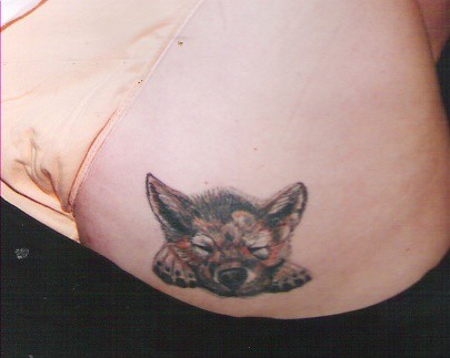 sleepy fox cub tattoo by dublin ireland tattoo artist 'Pluto'