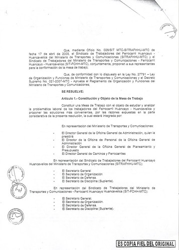 Sindicato de Trabajadores del Ferrocarril Huancayo huancavelica -Resolución  Ministerial 385 -2009-MTC/01 -02