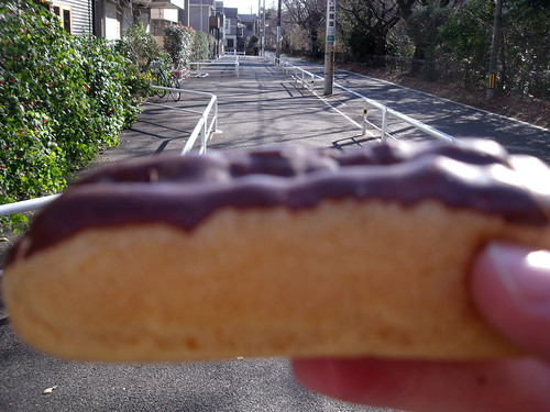 Cozy Corner choco eclair (with the streets of Mitaka in the background