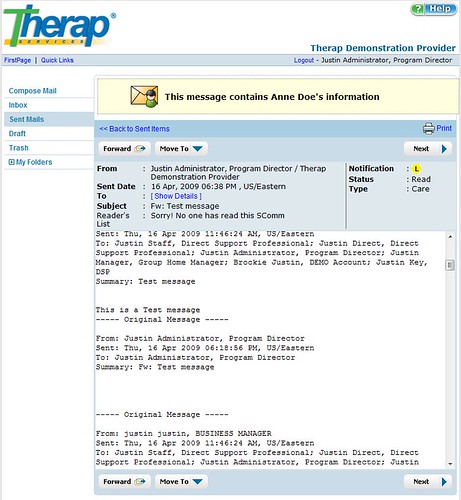 Screenshot of SComm message