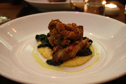 Slow braised pork from Pete Gott’s farm (cooked white wine, sage and quince) with oozy wet polenta, cavolo nero and pan juices
