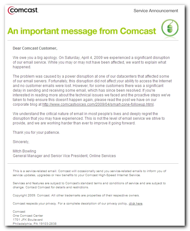 E-mail Comcast Apology letter... - Comcast XFINITY ...