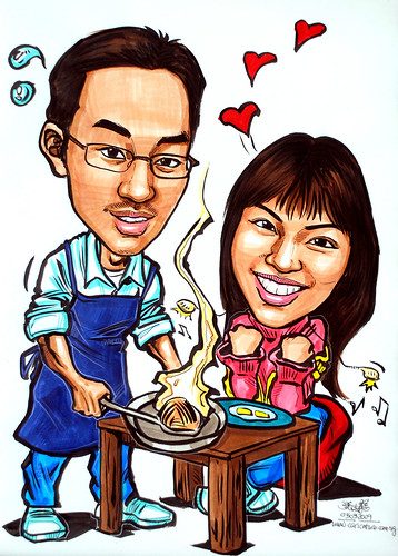 Couple caricatures amateur cooking for girlfriend