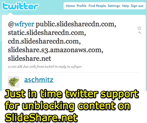 Just in time twitter support for unblocking content on SlideShare.net
