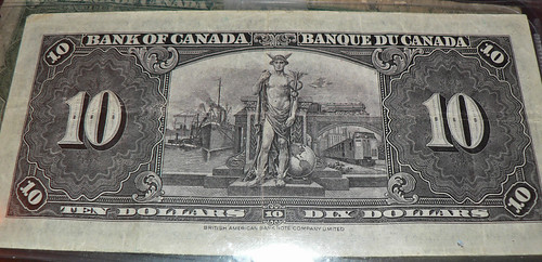 10 dollar bill back. A Canadian 1937 10 dollar bill