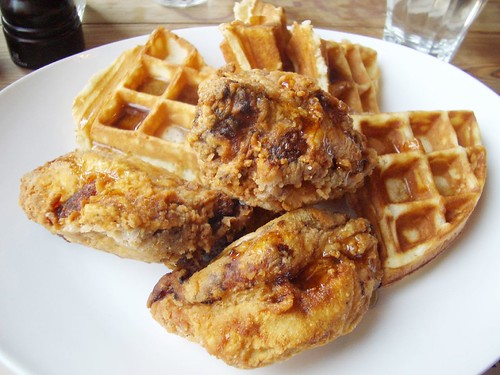 chicken & waffles w/ syrup @ back forty