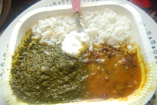 Palak paneer with dal and rice (and yogurt)