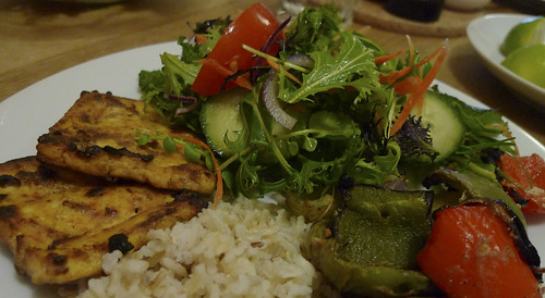 Cumin-Spiked Grilled Tofu and Veggies with Salad and Brown Rice