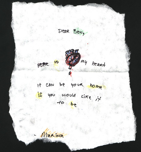 Ink, colored and pencil, drawing of a heard with the words: Dear Ben, here is my heart. It can be your home if you want it to be.
