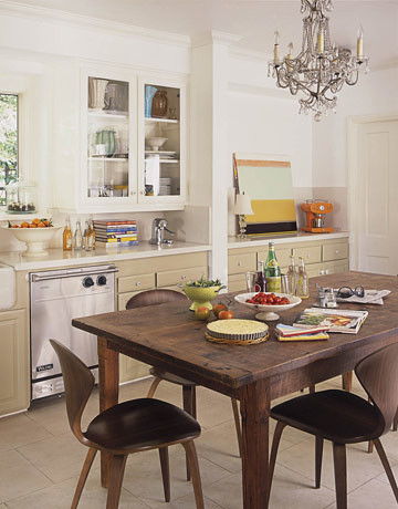 White kitchen + mod-traditional mix: Norman Cherner chairs + farm table + cottage style