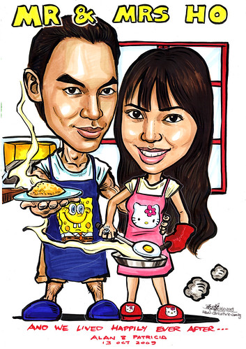 Couple caricatures cooking at home A4