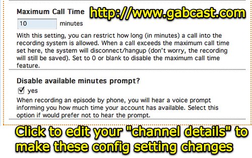 Gabcast permits max call time and available minutes prompt