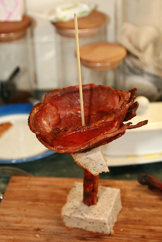 The Meatini starts to take shape! Hoorah! A base of haslet, then the stem of bacon. A second wedge of haslet on top to provide a wider base for the cup. A wooden skewer runs down it to keep it all firmly in place.