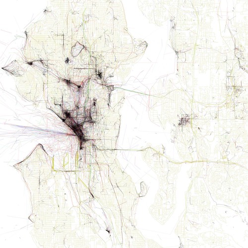 Geotaggers' map of Seattle, compiled by Eric Fisher
