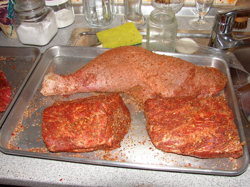 Pork Shoulder and Turkey Leg with Rub Applied