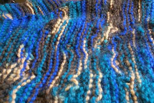 Detail of garter stitch scarf in Paton's Classic Merino colorway Retro
