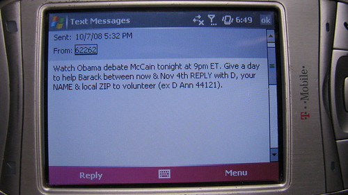 Barack Obama Text Message - 10/07/08 - Watch Obama Debate McCain Tonight by DavidErickson.